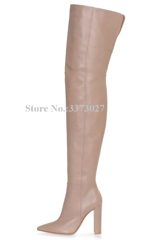 Black Leather Chunky Heel Long Boots Woman Sexy Pointed Toe Thick Heel Over the Knee Boots Fashion Large Size Nude Color Boots