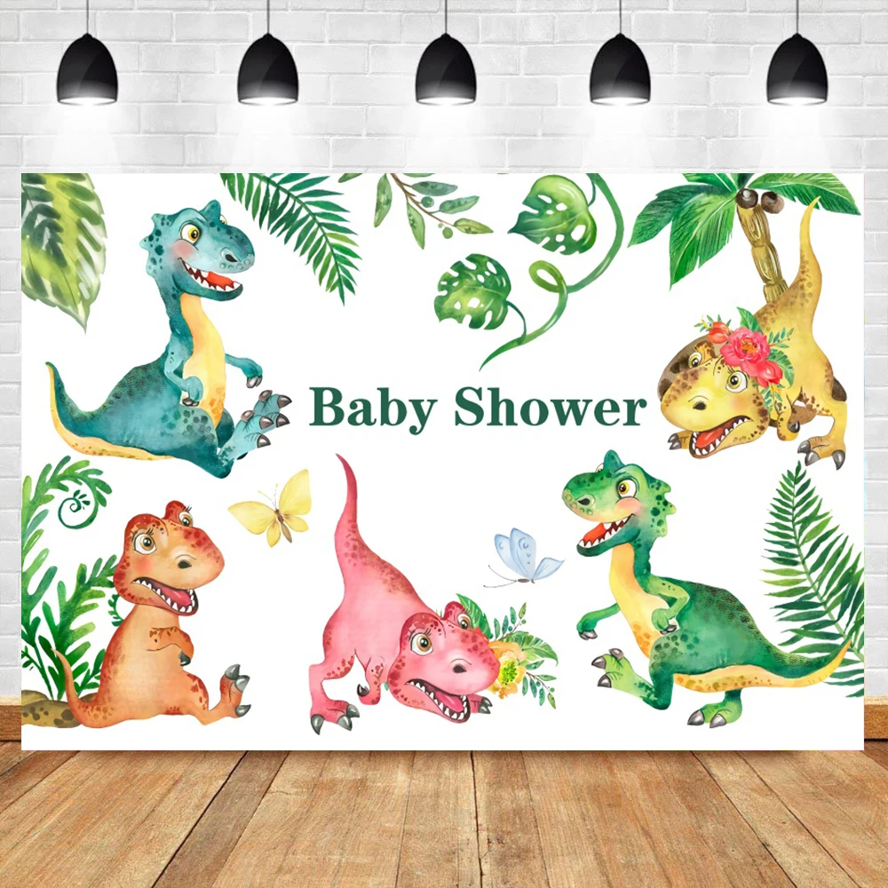 

Laeacco Cartoon Dinosaur Baby Jungle Birthday Party Newborn Baby Shower Customized Photography Background Photographic Backdrop