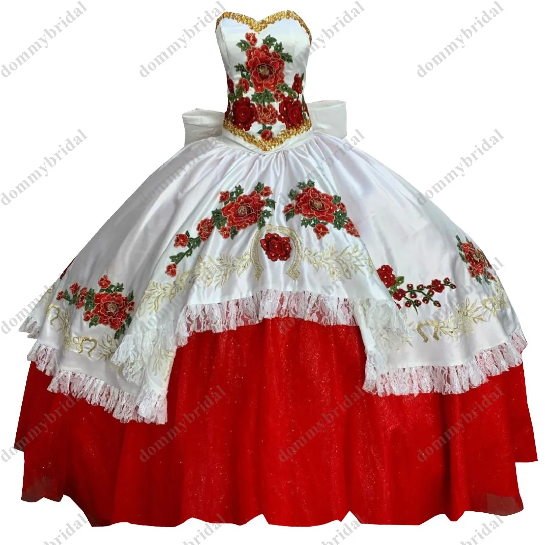 2023 modesto vermelho e branco vestido de baile mexicano charro quinceanera vestidos bordados ouro grandes arcos flores florais rendas xv barato