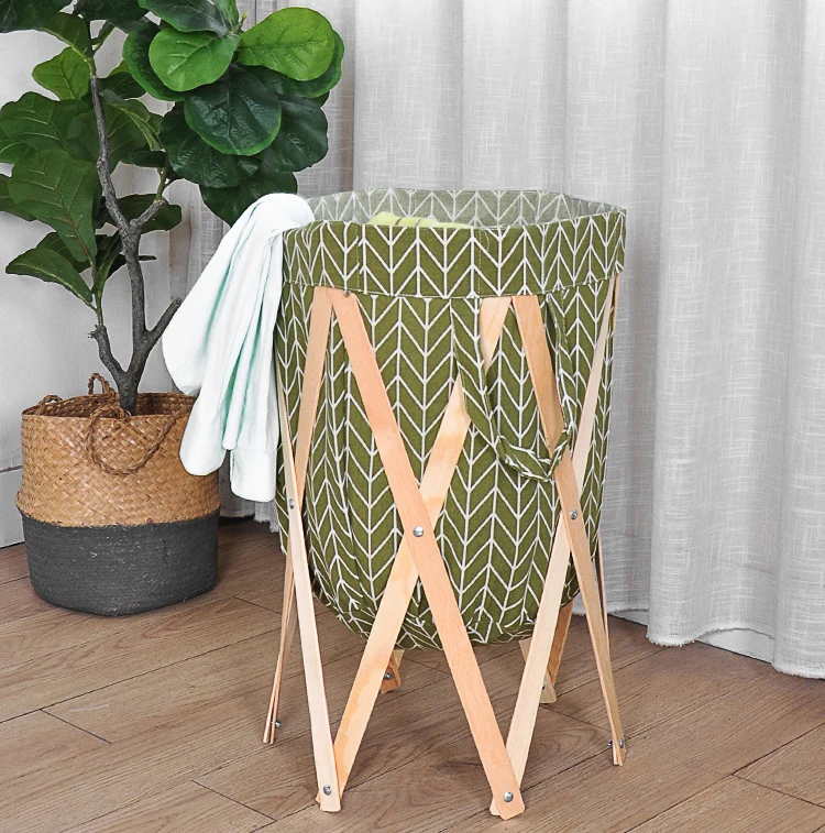 Bathroom Nordic Wood Cotton Fabric Dirty Clothes Basket Sundries Storage Multi-function Foldable Laundry Storage Basket ZH350