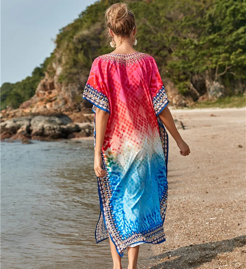 Red Blue Print Long Beach Dress Bikini Cover Ups for Women Pareo De Plage Swimsuit Cover Up Beach Sarongs Swimwear Kaftan