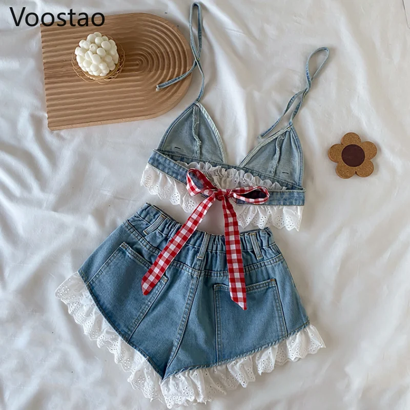 Lato słodki styl Lolita Denim zestawy z krótkimi spodenkami dziewczyny Sexy koronki bandaż Camisole krótkie bluzki Ruffles krótkie spodenki dżinsowe kobiety 2 zestaw PC