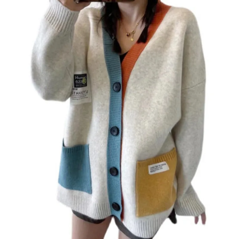 Autumn Winter New Color-Block V Neck Sweater Cardigan Women\'s Korean Loose Outerwear Vintage Knitted Coat Female