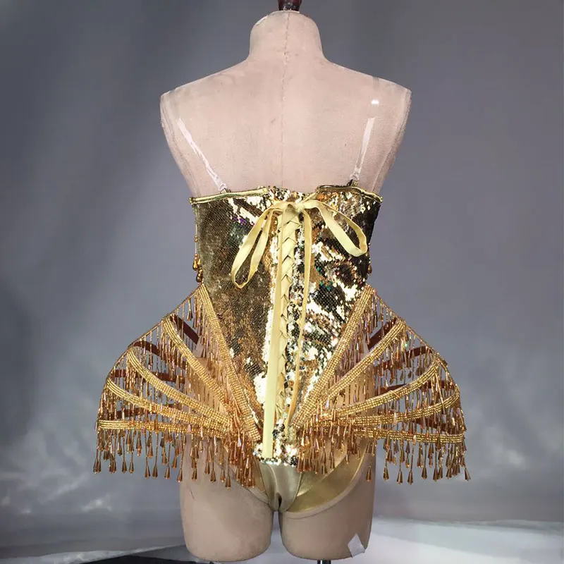 Stage Performance Bling Dresses Gold dresses Sexy Crystal beads Bodysuit Dress Dance Wear Nightclub Shining Costume Outfit