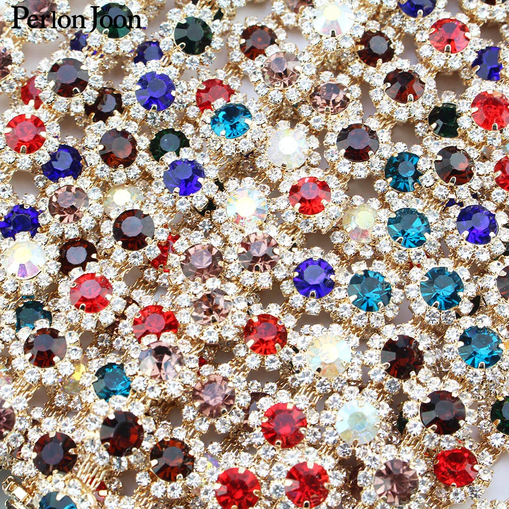 1 yard mixed color crystal round rhinestone trim shiny crystal gold metal chain clothing bag decoration accessories ML111