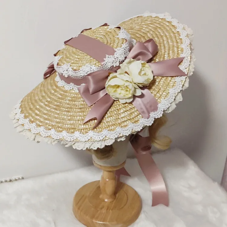 Vintage French Victorian Sweet Elegant Lolita straw Flat Top Hat Sweet Female Straw hat Rose Bow Bandge Sunhat