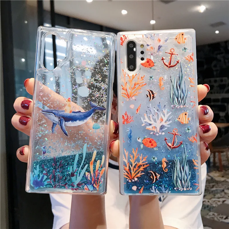 for Samsung Galaxy Note 10 Plus 5G Note10 9 8 S10 Plus S9 S8 A50 A70 Case Quicksand Glitter Coral Ocean Shockproof Cover Funda