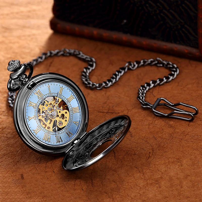 Roman Numeral Black Mechanical Pocket Watch Classic Skeleton Hollow Case Dial Male Fob Chain Clock for Men Women Dropshipping