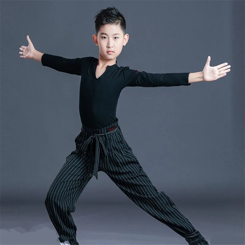 2021 Kids Latin Ballroom Dancing Costume Black/White Shirt Boys Latin Competition suit Professional Cha Cha Tango Dance Clothes