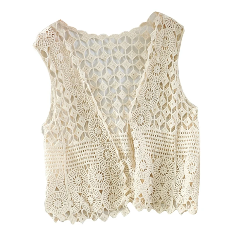 Women Hollow Out Crochet Crop Top Vest Open Front Floral Lace Sleeveless Jacket