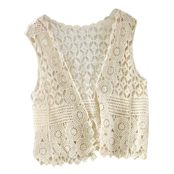 Women Hollow Out Crochet Crop Top Vest Open Front Floral Lace Sleeveless Jacket