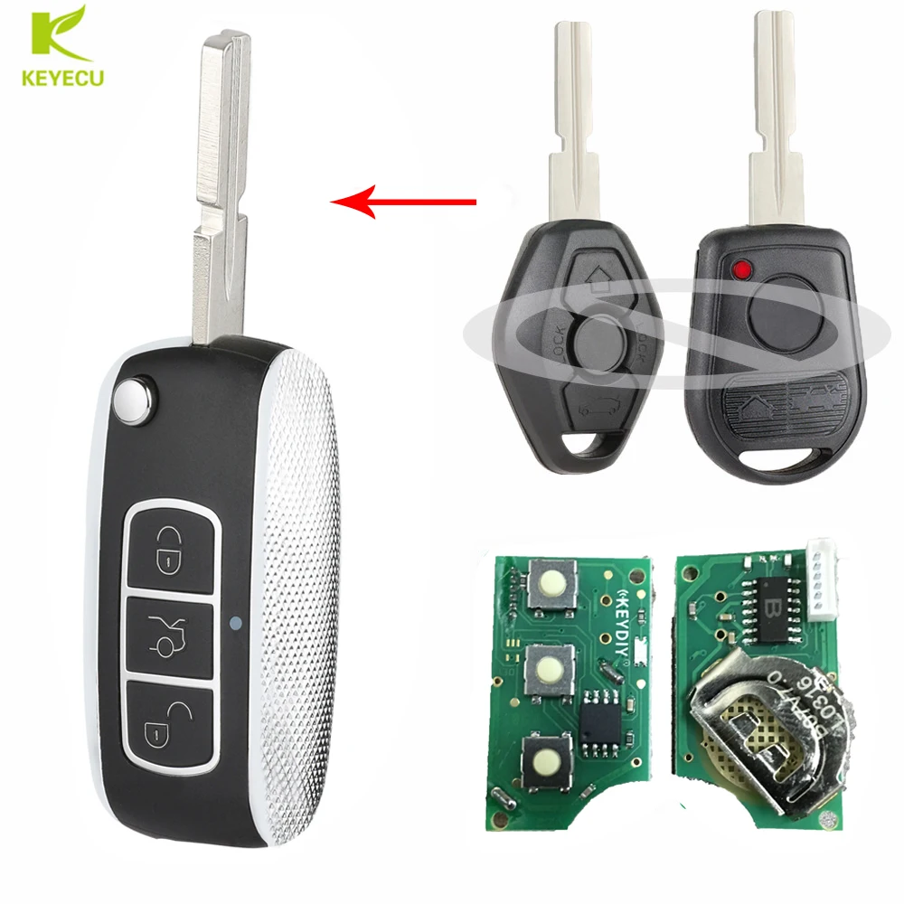 KEYECU Modifed for Bentley Style Flip Remote Key Fob 3 Button for BMW 1999-2005 models 315/433MHZ ID44 CHIP HU58 Uncut Blade