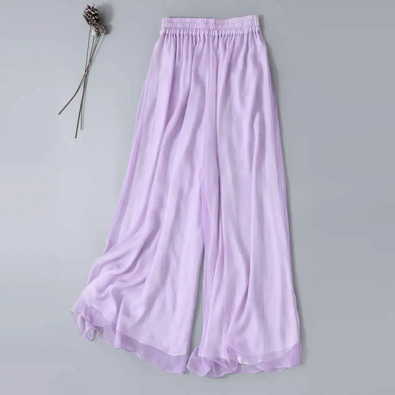 Pantalones de pierna ancha de gasa para mujer, pantalón holgado, liso, elástico, de cintura alta, bohemio, para playa, C8032