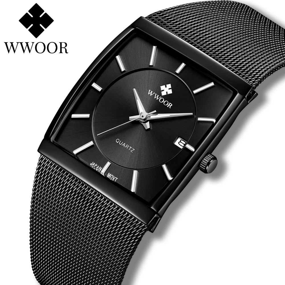 WWOOR 2023 New Top Brand Luxury Men Causal Watch Square Black Mesh Steel Quartz Sports Waterproof Wristwatches Relogio Masculino