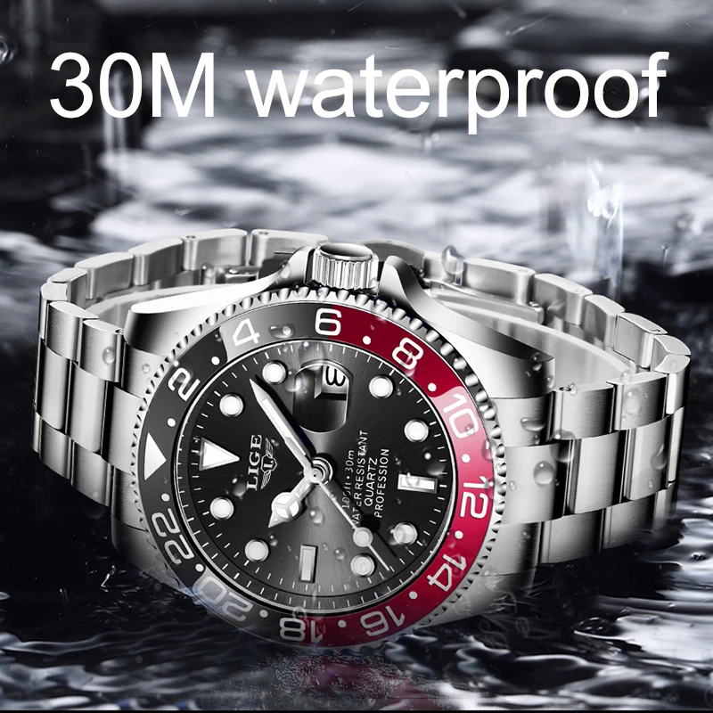 2023 New Diver Watch For Men LIGE Brand Luxury Stainless Steel Waterproof Quartz Date Wrist Watch Top Business Sport Clock Male