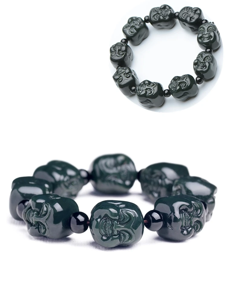 

Natural Hetian Qingyu Buddha head beads Jade Bracelet Jewelry Fine Jewelry Lucky Safety Auspicious Amulet Jade Bracelet