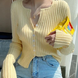 Sexy V-neck Button Up Knit Tops Women Spring Autumn Long Sleeve Thin Sweater Cardigan Black White Purple Yellow Green Crop Top