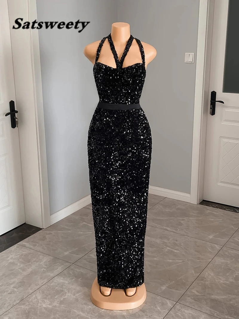 Real Sample Skinny Black Long Evening Dresses Sexy Sleeveless Dubai Style African Women Sequin Formal Gowns