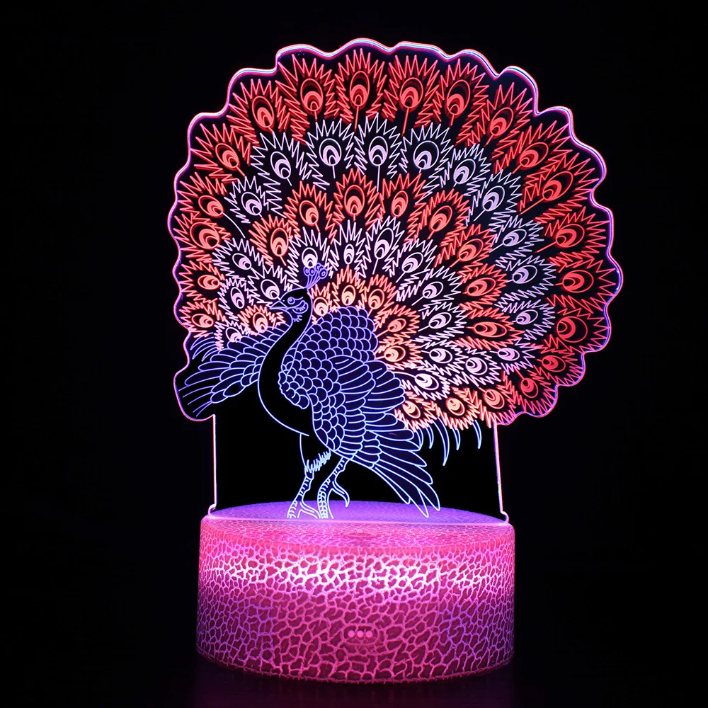 3D Vision Night Lights Peacock RGB LED Color Changing Touch Remote Control Creative Gift Table Desk Lamp Home Bedroom Decoration