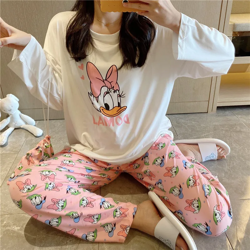 Pijamas estampados com margaridas femininos, pijamas para primavera e outono com desenho de manga longa, calças compridas, roupas de casa da disney