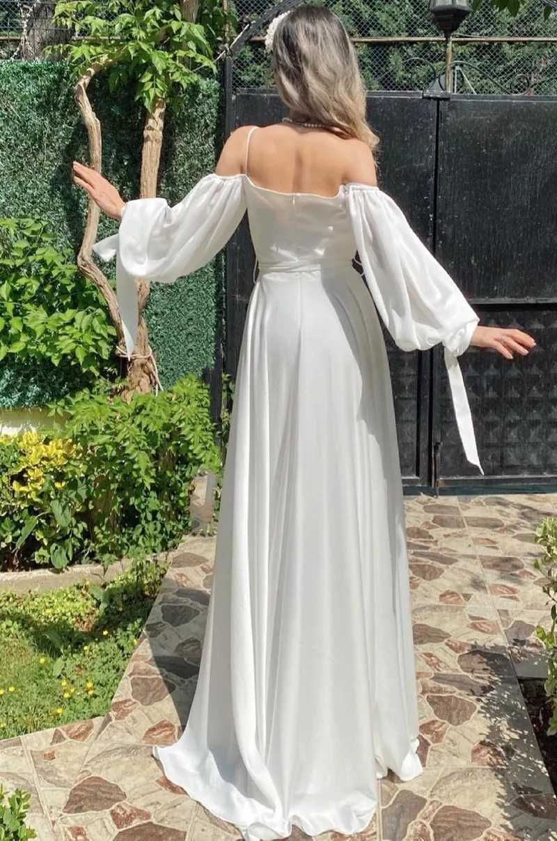 Abiti da sposa eleganti Boho 2021 scollo a barchetta Sweep Train Zipper Lace Up manica lunga raso abito da sposa su misura Robe De Mariee