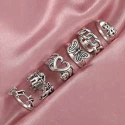 Vintage Silver Plated Angel Wings Ring for Womens Gothic Punk Steampunk Heart Butterfly Skull Ring Sets Party Jewelry 2024