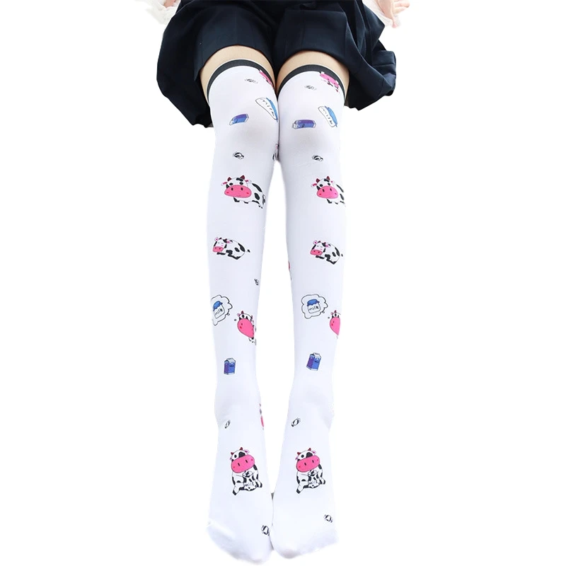 Anime Milk Cow Printing Tights High Stockings Japanese Lolita Kawaii Over Knee Legging Teen Girls Cute Comic Cosplay Costume