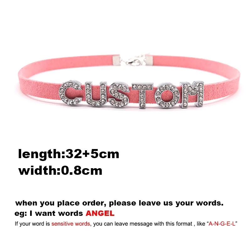 Pink Leather DIY Personalized Bling Rhinestone Letter Customized Name Necklaces Choker Collar for Women Men's Cosplay Jewelry