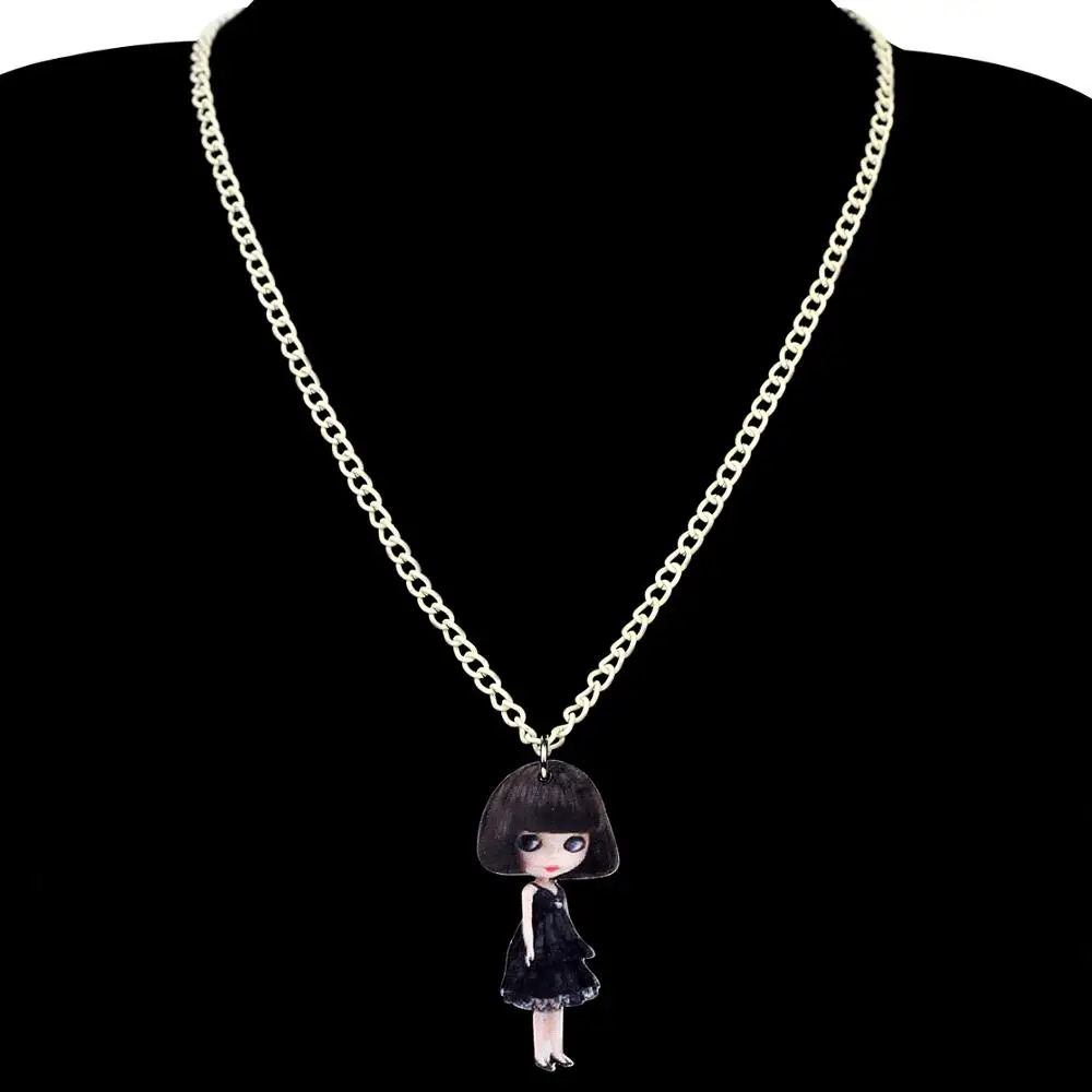 Bonsny Acrylic Black Short Hair Dress Girl Doll Necklace Pendant Choker Fashion Jewelry For Girls Lady Teen Charms Gift 2019 Hot