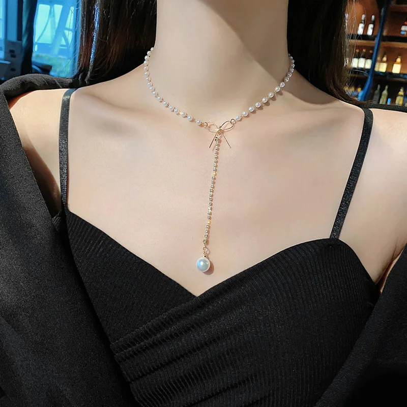 Japan And South Korea Imitation Pearl Bow Necklace Fashion Net Red Clavicle Chain Female Personality Neck Jewelry Necklace Trend