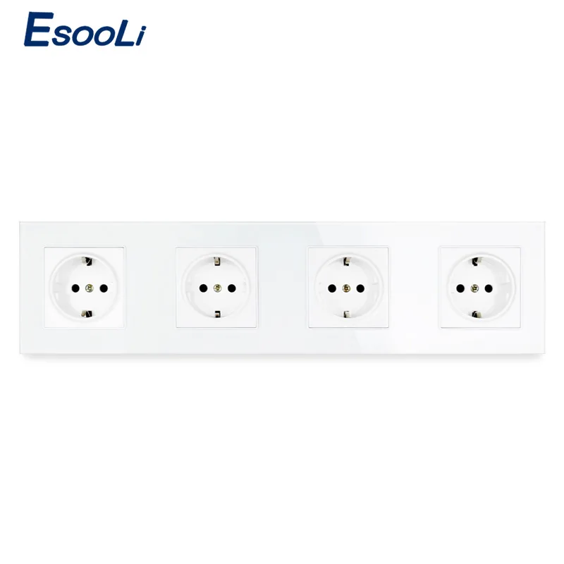 Esooli  EU Standard 4 Gang Crystal Glass PanelWall Socket 258*86mm Power Socket Plug Grounded 16A Black Electrical Outlet