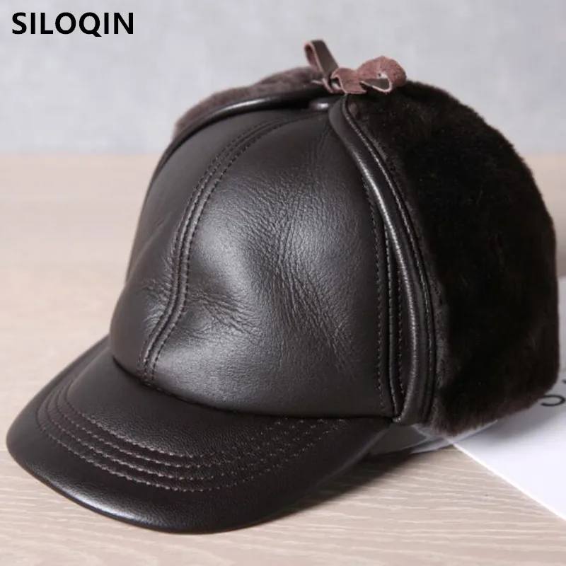 SILOQIN New Winter Men's Genuine Leather Cap Warm Fur Bomber Hats Sheepskin Fur Earmuffs Hat Cold Proof Thermal Ski Caps Dad Hat