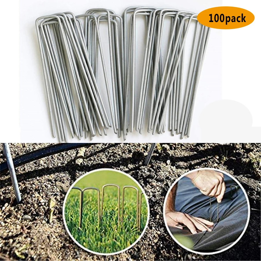 

100pcs Lawn Garden U Shaped Nails Spikes Anchors for Artificial Grass Securing Fences Film Weed Barrier Galvanized Ground Nail