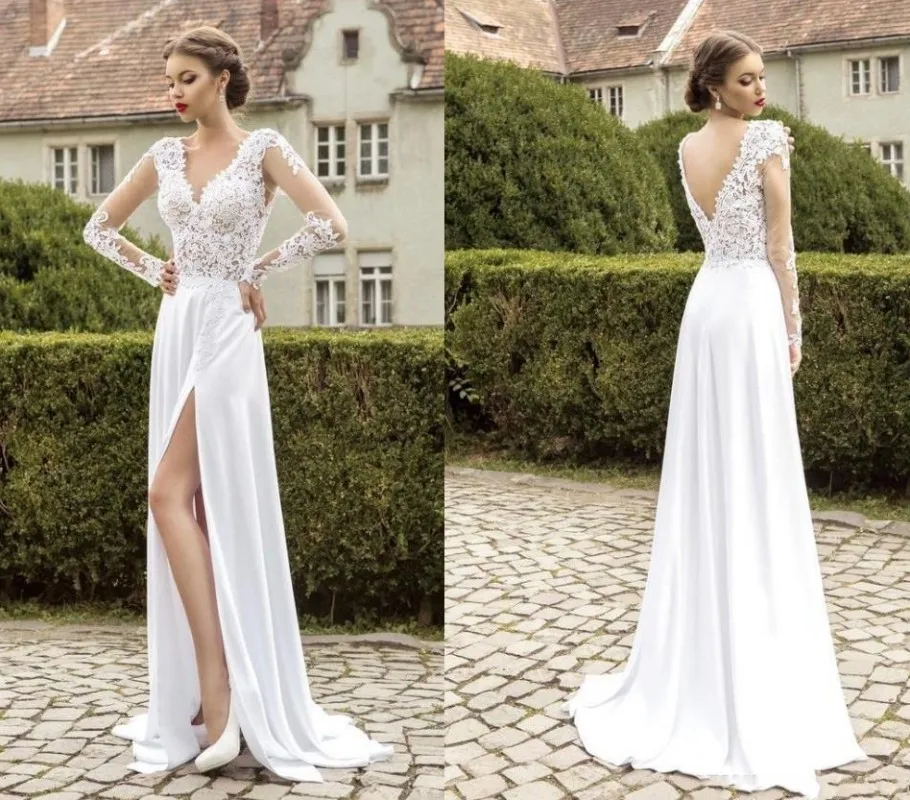 Robe de mariée romantique en dentelle, manches longues, ligne A, appliques, col en V, dos nu, fente latérale, Robe de plage, bon marché