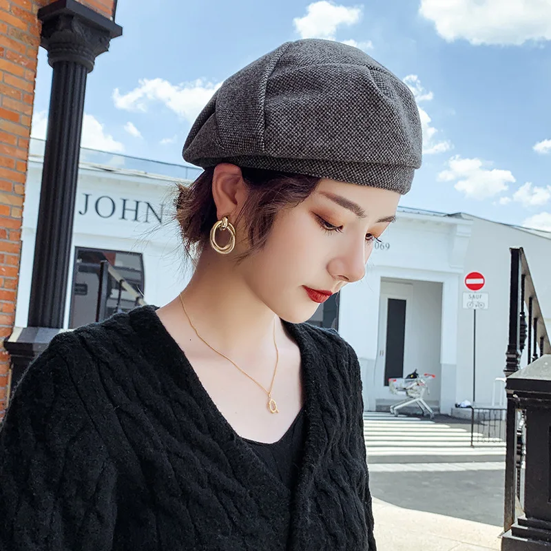 Hot Women Wool beret For Elegant lady Winter Female Cotton Hats Plaid Vintage Octagonal Casual boina Autumn girl Cap