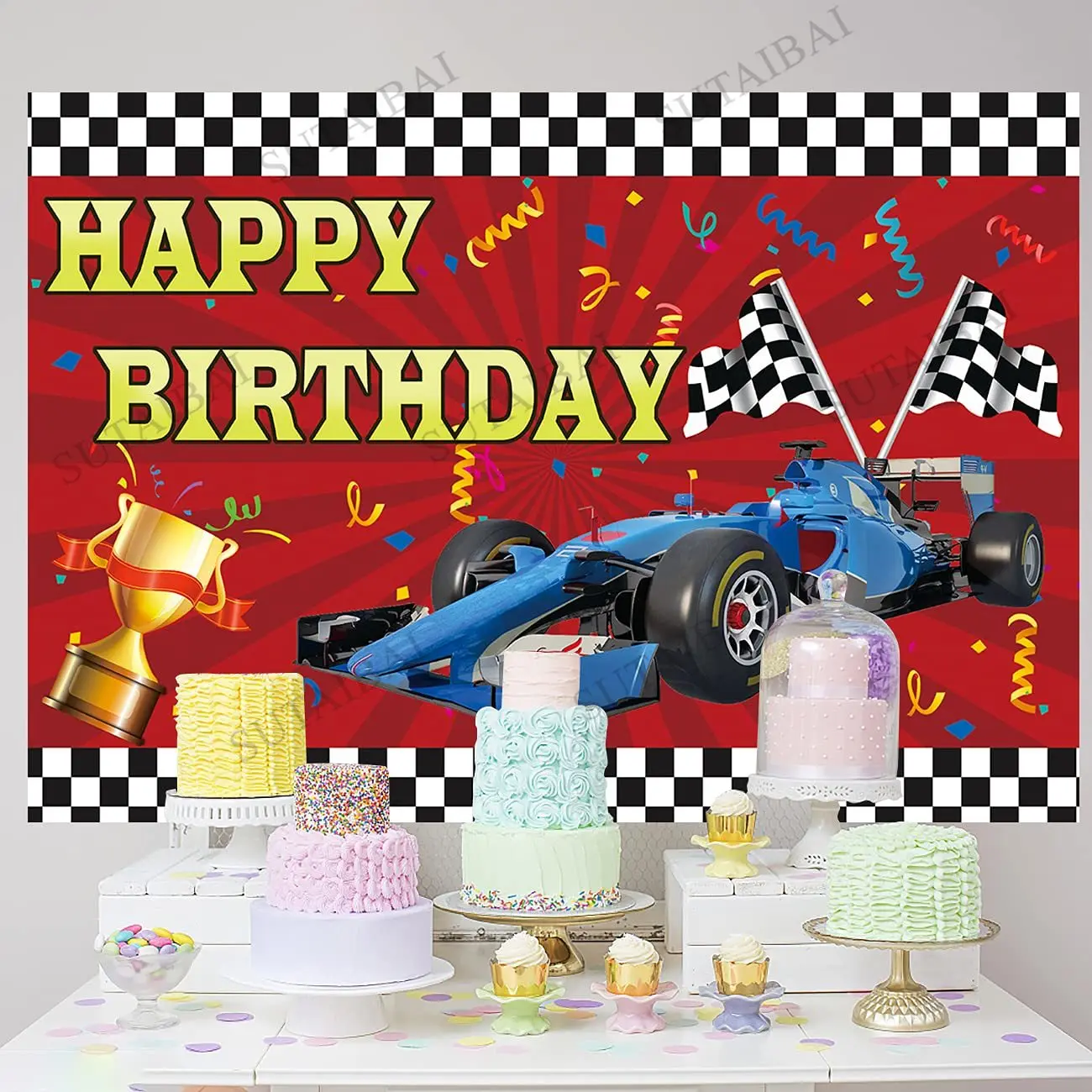 Auto buon compleanno fotografia sfondo auto da corsa trofeo bandiere a scacchi Baby Shower Party sfondo decorazioni forniture