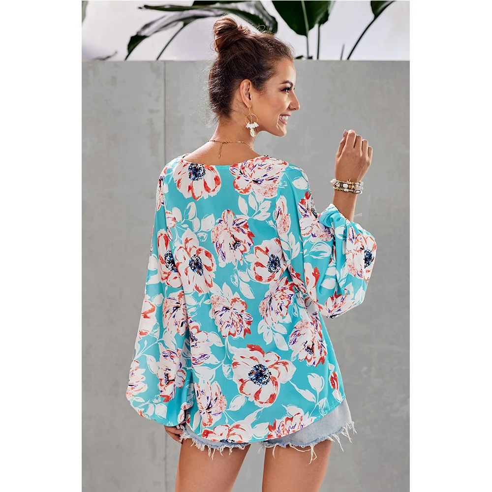 Spring and Summer Shirt Women's Loose Shirt Printed Loose V-neck Lantern Sleeve Top