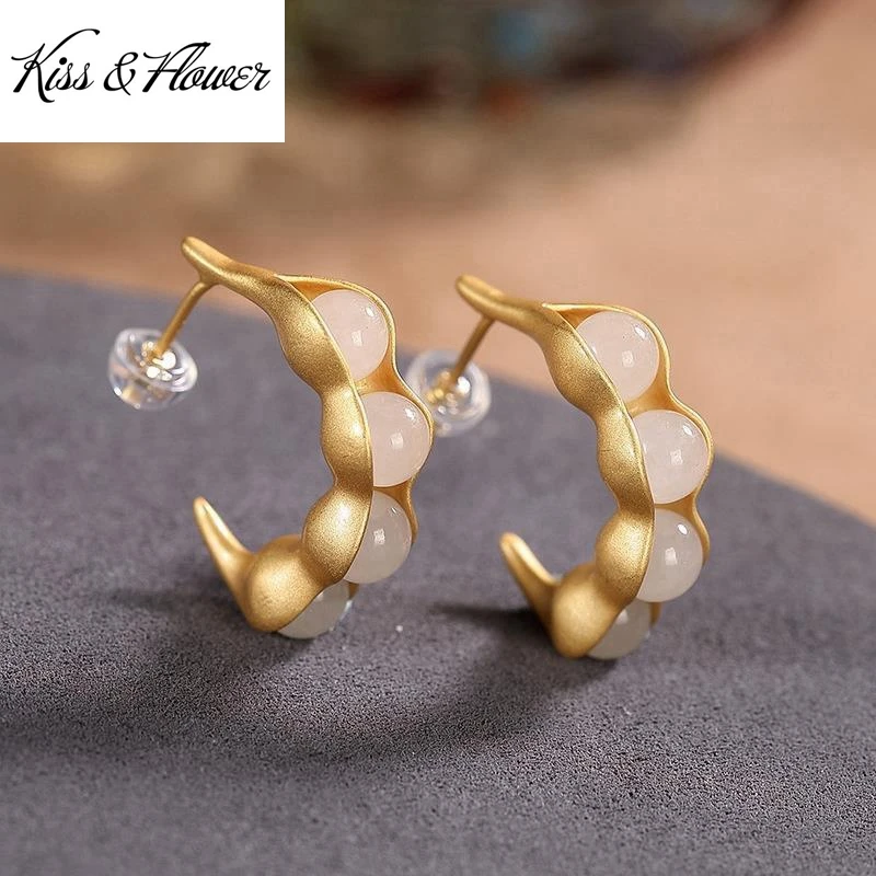 

KISS&FLOWER ER417 Fine Jewelry Wholesale Fashion Woman Girl Bride Mother Birthday Wedding Gift Pea Jade 24KT Gold Stud Earrings