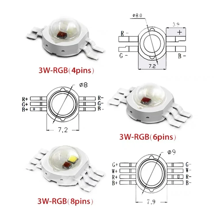 Chip de luz LED de alta potencia, lámpara RGB de diodo Epistar, 10 piezas, 4 pines, 6 pines, 8 pines, 1W, 3W, garantía de calidad