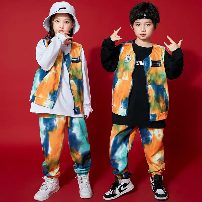 Kid Kpop Hip Hop Clothing Sweatshirt Print Sleeveless Jacket Top Streetwear Jogger Pants for Girl Boy Jazz Dance Costume Clothes