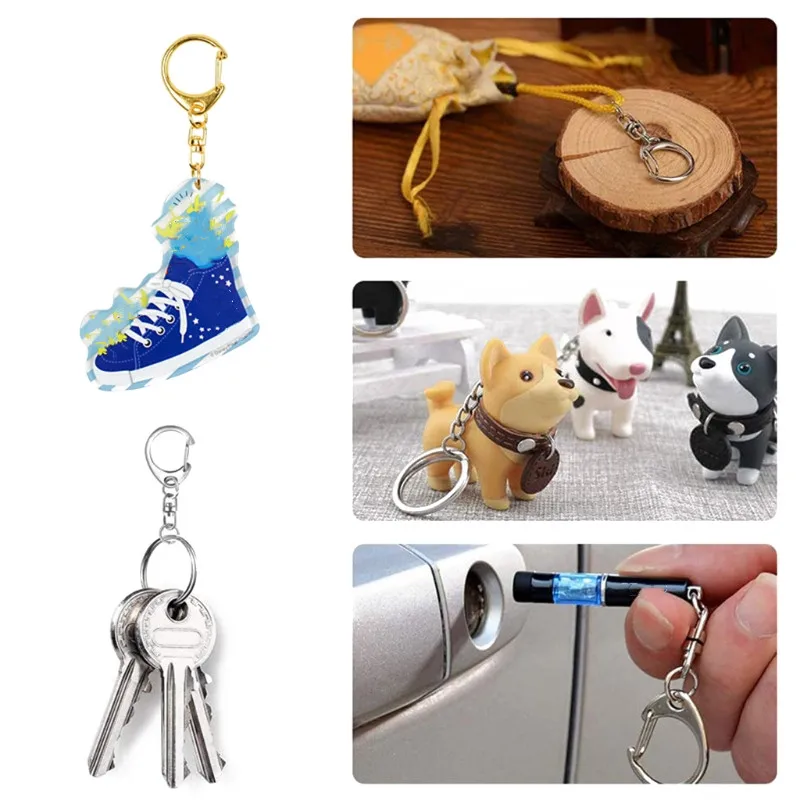 10Pcs/Set Key Ring with Chain D Snap Hook Split Keychain Metal Key Ring Hardware with 8mm Open Jump Ring and Connector