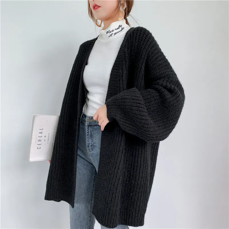 Alpaca Blend Winter Sweater Cardigan Women Korean Casual Lantern Sleeve Chunky Knit Cardigan Ladies Over Size Thick Sweater Coat