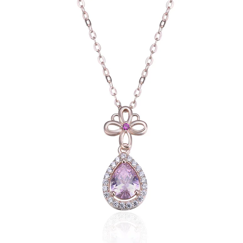 Pendant Necklace Flower Drops Pink Zircon Trendy Link Chain Fashion Jewelry Ts Style 925 Stering Silver Bijoux Gift