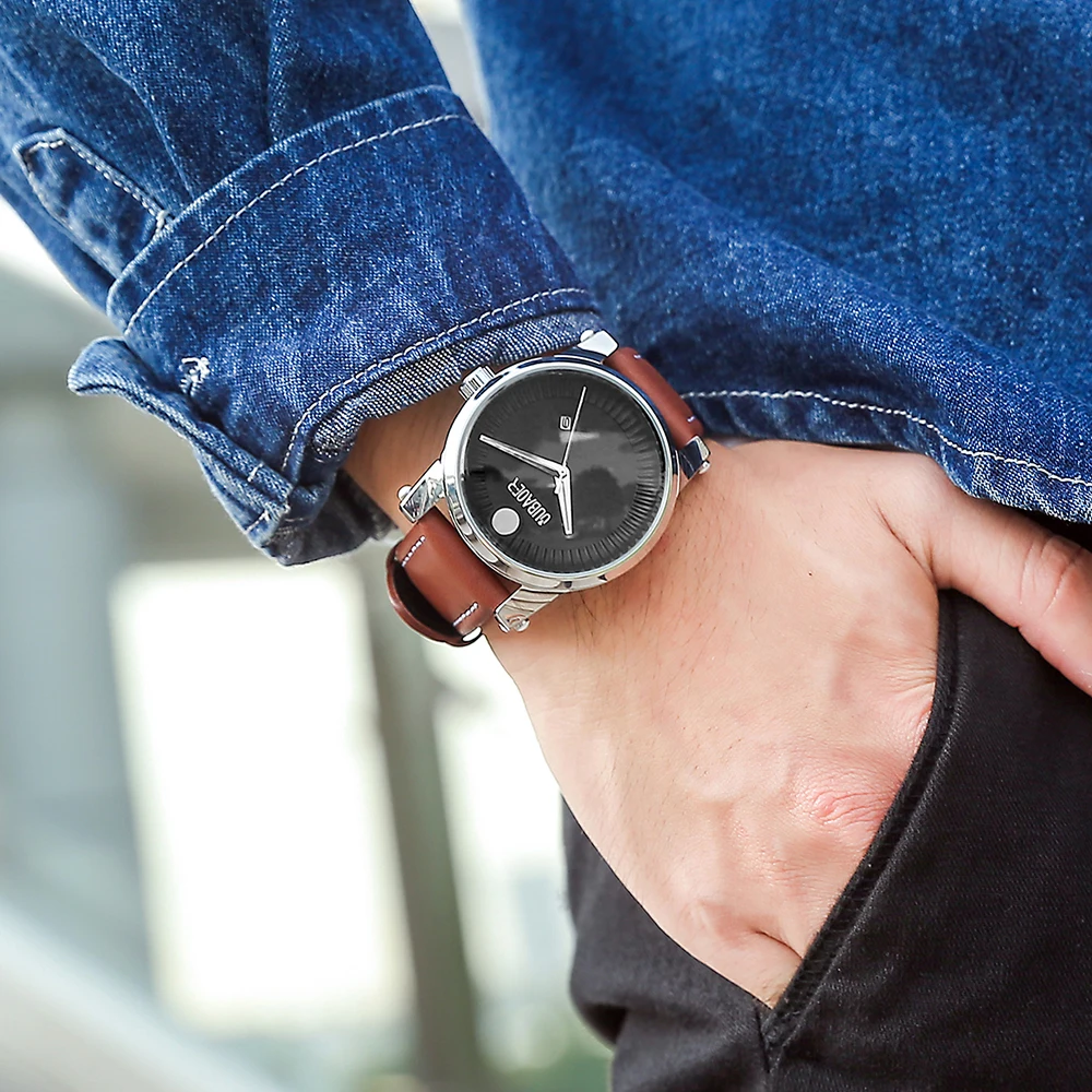 OUBAOER-Reloj de pulsera de cuero para hombre, cronógrafo de cuarzo, informal, sencillo, lujoso, resistente al agua