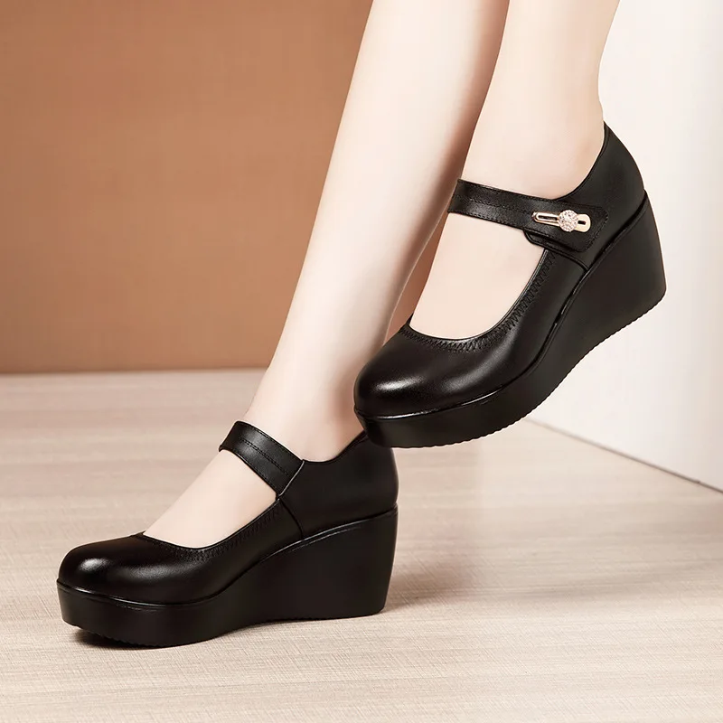 GKTINOO 2024 Spring Leather Shoes Women Platform Wedges Shoe High Heels Round Toe Comfortable Black Women Pumps Large Size 33-43