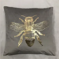 Hot Selling Insect Foil Printing Square Velvet Bee Cushion Cover Gold Stamping Throw Pillowcase