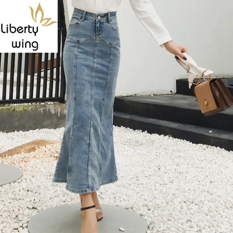 

Street Denim Women Spring Autumn Vintage Slim jean Long Fashion Elegant High Waist Mermaid Skirt Light Blue