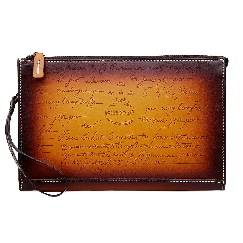 Handmade Women Men Vegetable Tanned Leather Laser  Lettering Bag Money Holder Clutch Purse Cigarette Pocket Clutches Envelope