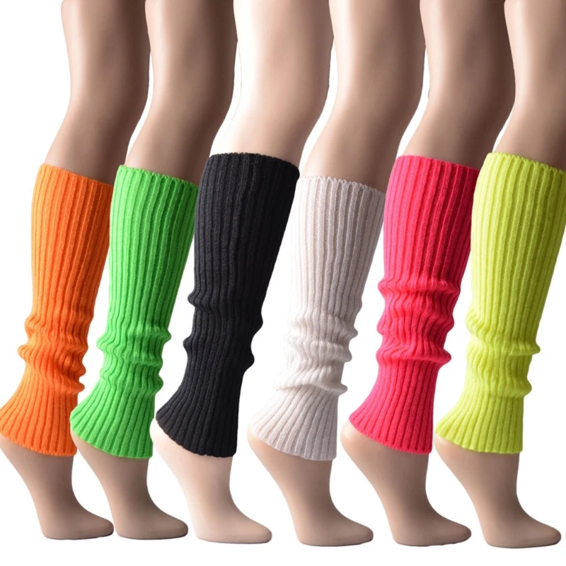 Women 80s Fluorescent Neon Colored Knit Leg Warmers Ribbed Footless Socks Stockings Halloween Dance Party Accessories