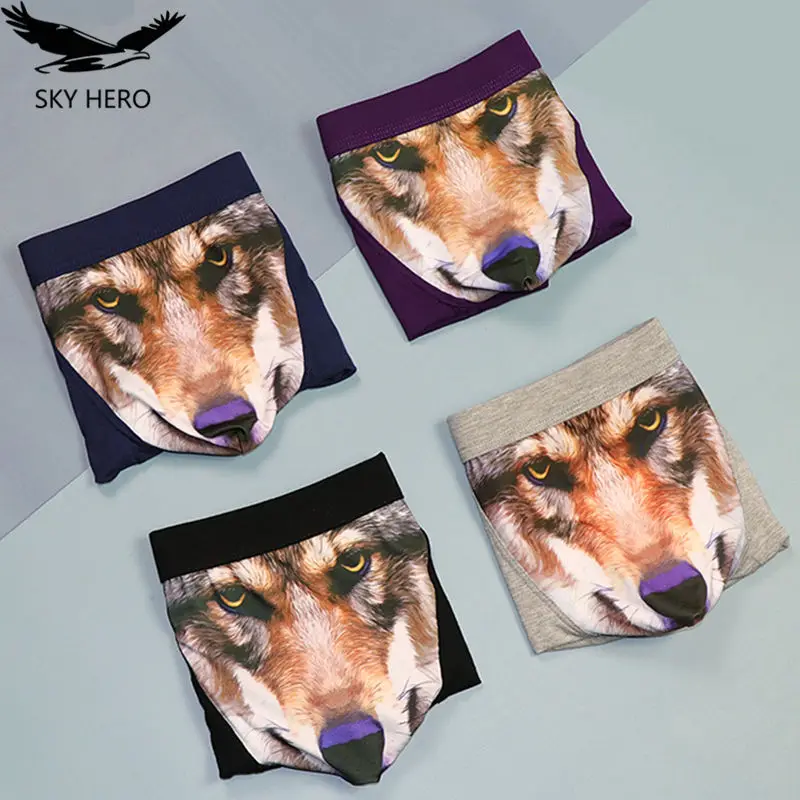 4pcs/Lot Breathable Boxers Shorts Home Pouch Underwear Men Sexy New Underpants Man Male Panties Funny Wolf Cartoon High Quality